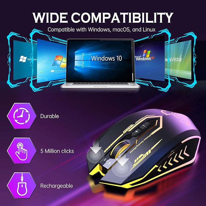 UHURU Wireless Gaming Mouse Up to 12000 DPI, Rechargeable USB-C Wireless Mouse - Image 6