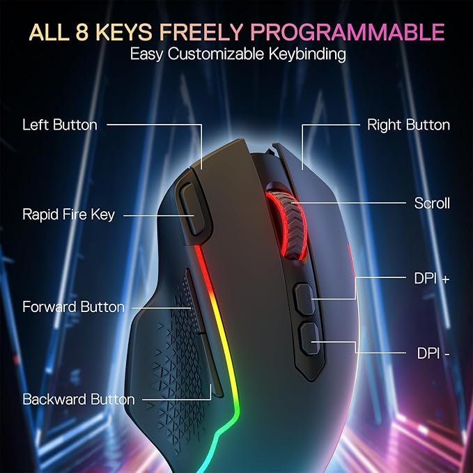 Redragon M810 MAX 3-Mode Wireless Gaming Mouse, 12000 DPI Wired/Wireless RGB - Image 6