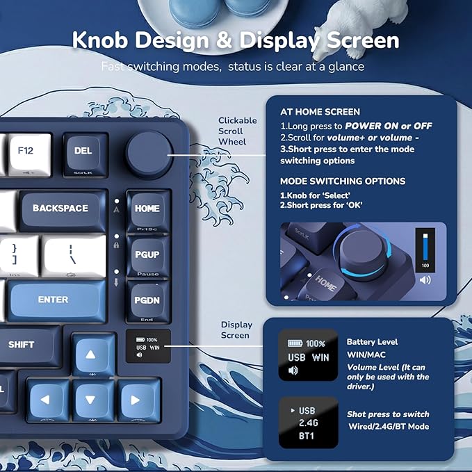 RK ROYAL KLUDGE M75 Wireless Mechanical Keyboard w/Screen and Volume Knob - Image 3