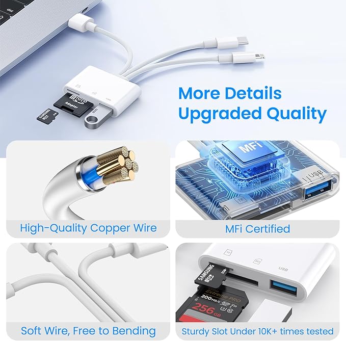 SD Card Reader for iPhone iPad Mac, USB-C & Lightning & USB-A 3-in-1 MicroSD/SD - Image 6