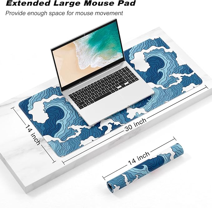 Extended Gaming Mouse Pad, Japanese Blue White Wave Mousepad, XL Large Mouse - Image 2