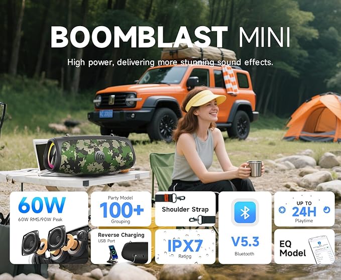 Portable Bluetooth Speaker 60W RMS, 90W Peak Loud Subwoofer Wireless Stereo - Image 2