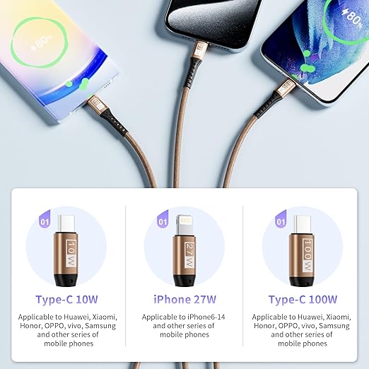 SDBAUX Multi Charging Cable 100W USB C to 3 in 1, Nylon Braided PD 27W/100W - Image 2