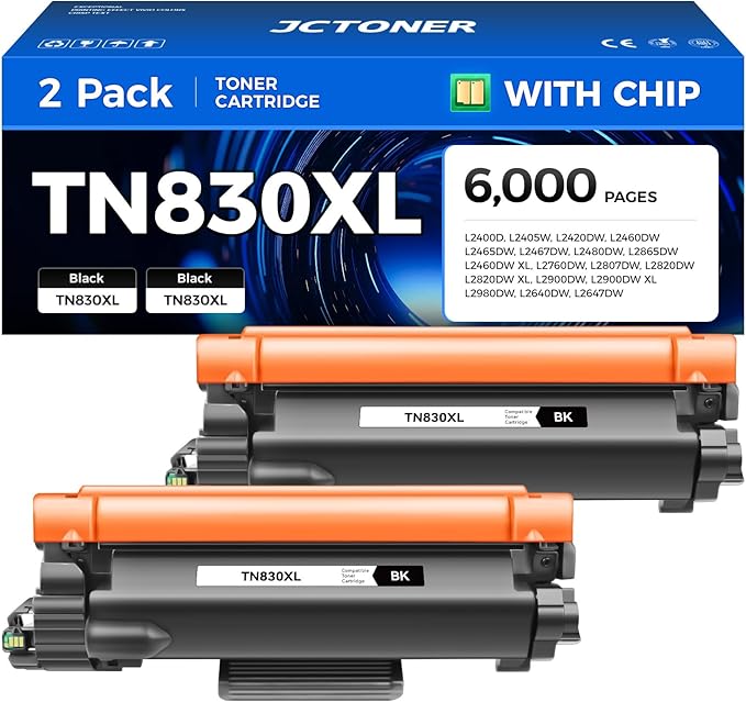 TN830XL Black Toner Cartridge 2-Pack High Yield Replacement by JCTONER