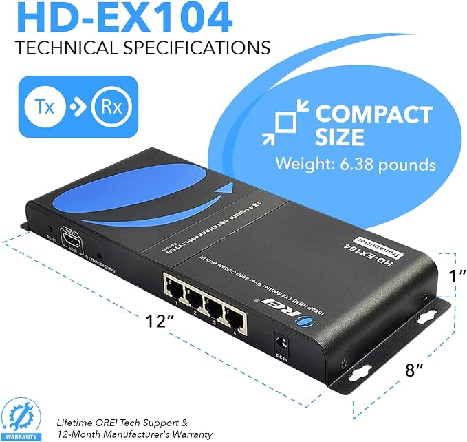 OREI 1x4 HDMI Extender Splitter Over Single Cable CAT6/7 1080P - Image 6