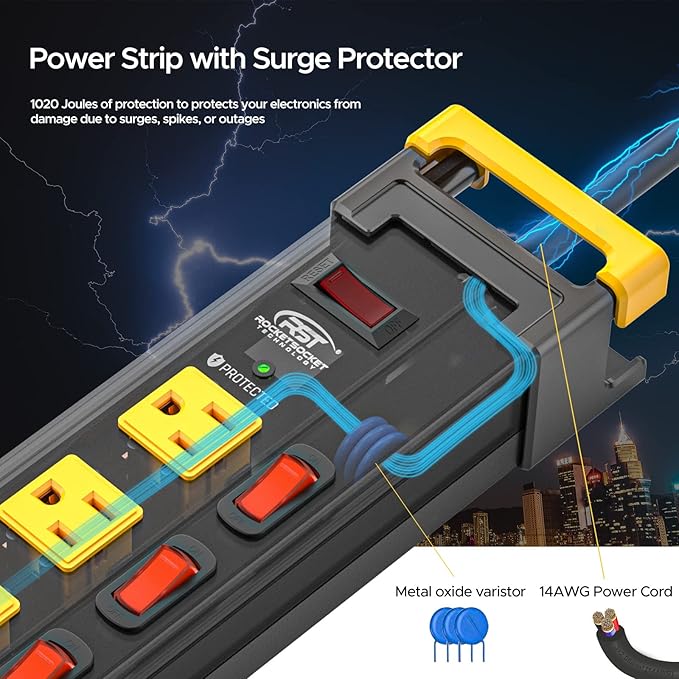CRST 12 Outlets Long Power Strip, 9 FT Cord Metal Wall Mount Surge Protector - Image 5