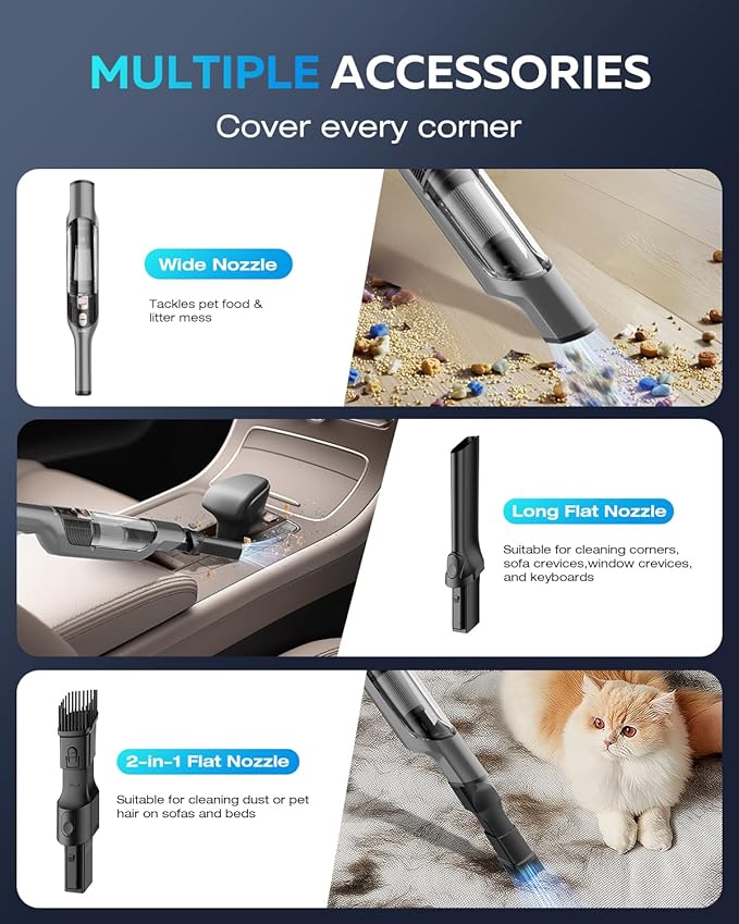 Zefiro Handheld Car Vacuum Cleaner, 22KPa Hand Held Vacuum Cordless Rechargeable - Image 5