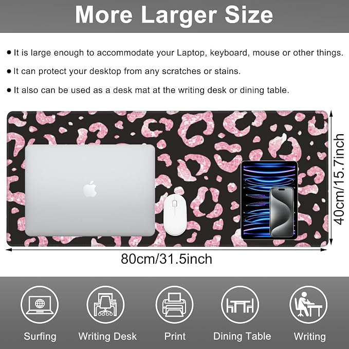 Mouse Pad, Large Rose Pink Leopard Printings Desk Mat, Extended Non-Slip Gaming - Image 2