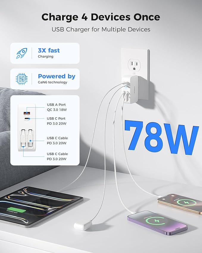 SUPERONE Retractable iPhone Charger, 4-Port USB C Charger Block, iPhone - Image 3