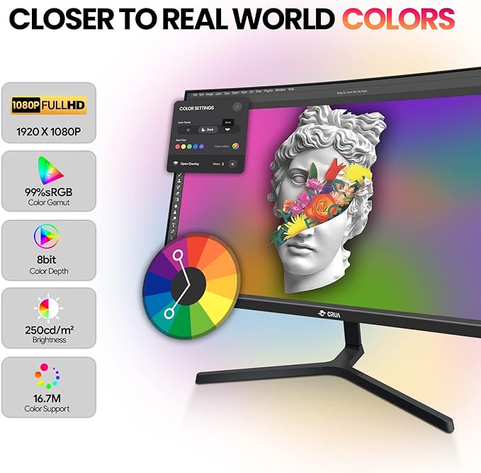 CRUA 24" Curved Monitor, FHD 100HZ, 99% sRGB Color Gamut Computer Monitors - Image 3
