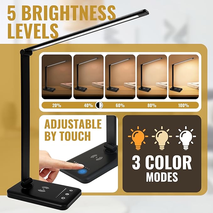 LED Desk Lamp with Wireless Charger – Touch Control Dorm Desk Lamp with USB - Image 4