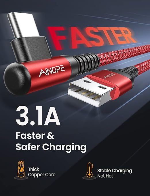AINOPE USB C to USB Cable 3.1A USB Fast Charge Right Angle, Resistant Nylon - Image 2