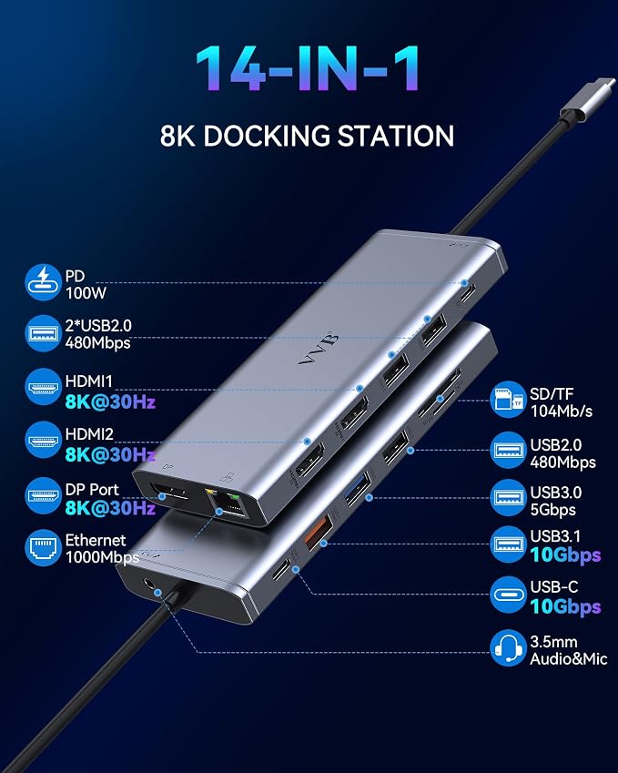 Docking Station Dual Monitor for Dell/HP/Lenovo Laptop, 8K HDMI Adapter Docking - Image 2