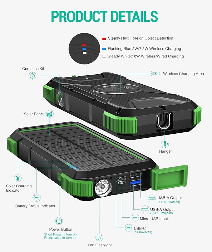 BLAVOR Solar Power Bank, PD18W QC3.0 Fast Charging 10W Wireless Charger - Image 9