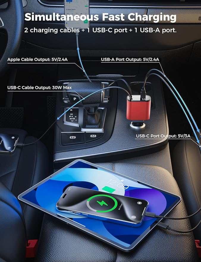 【Upgraded】 SUPERONE Retractable Car Charger 4 in 1, Fast Car Phone Charger - Image 6