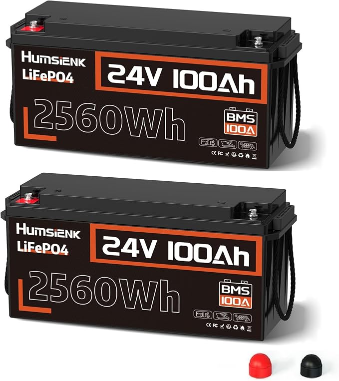 2 Pack 24V 100Ah LiFePO4 Lithium Battery, Built-in 100A BMS by HumsiENK
