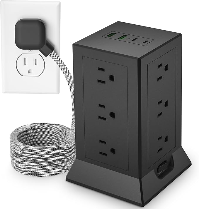 Power Strip Tower with Multiple Outlets 16.5 Ft Extension Cord Flat Plug with by HOZZX