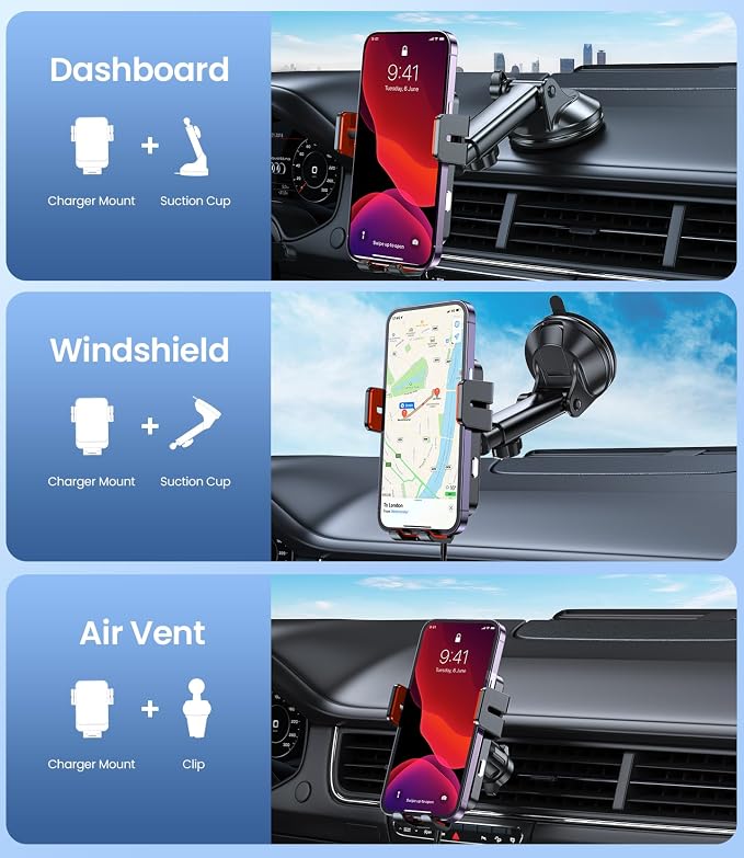 Wireless Car Charger, MOKPR 15W Fast Charging Auto-Clamping Car Mount - Image 2