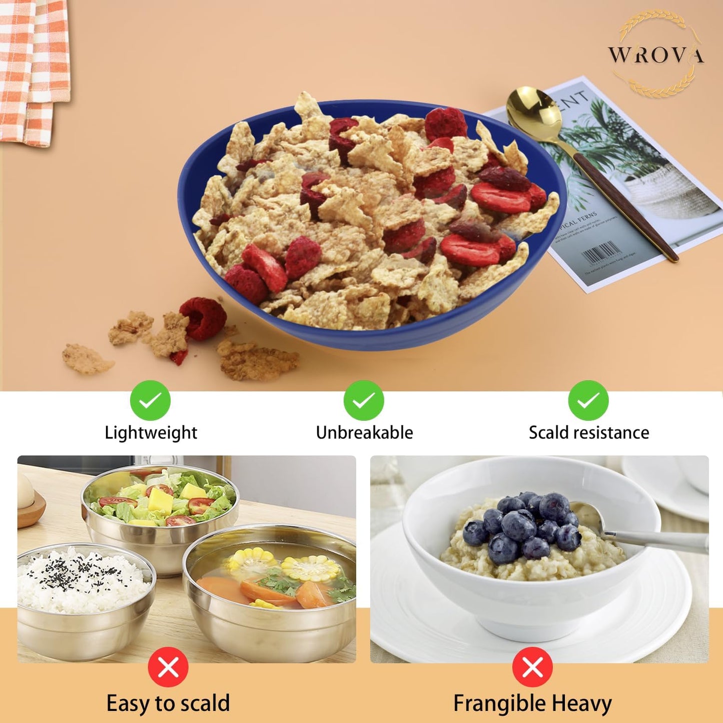 65oz Large Salad Bowls Deep Blue - Wheat Straw Serving Bowls Set of 4 - Unbreakable Serving Bowls Dishware & Microwave Safe - BPA Free Bowl for kitchen,camping