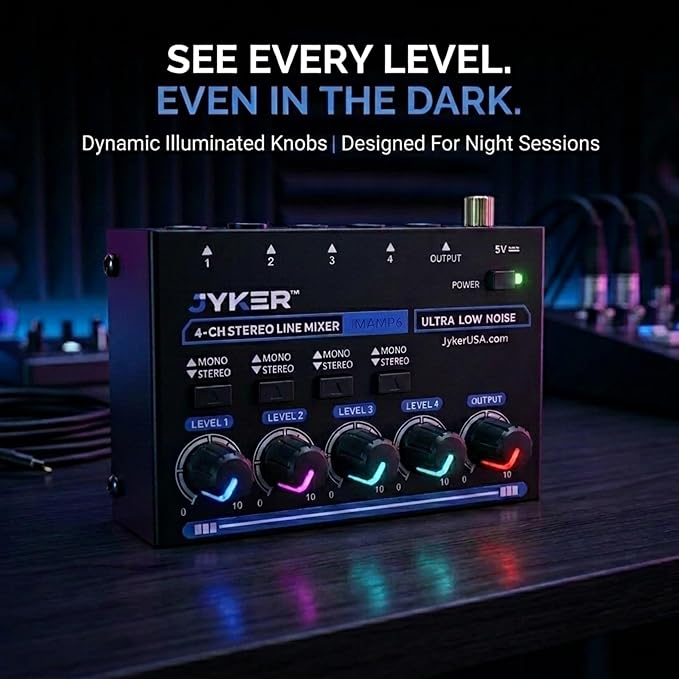 Jyker 4 Channel Stereo Line Mixer, Compact Audio Mixer TS/TRS Line Level Sources - Image 7