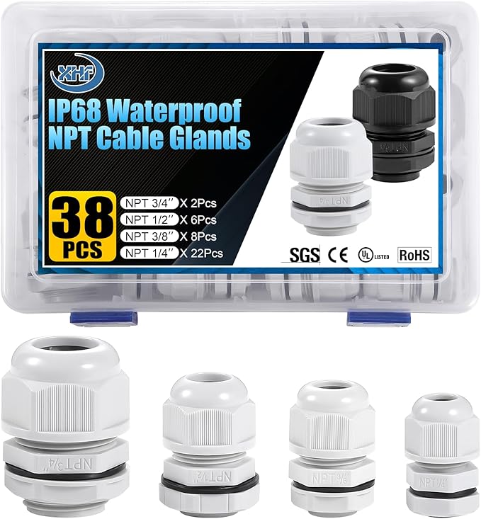XHF IP68 Nylon Waterproof NPT Cable Glands Kit 38pcs 1/4", 3/4'' UL Listed and by XHF