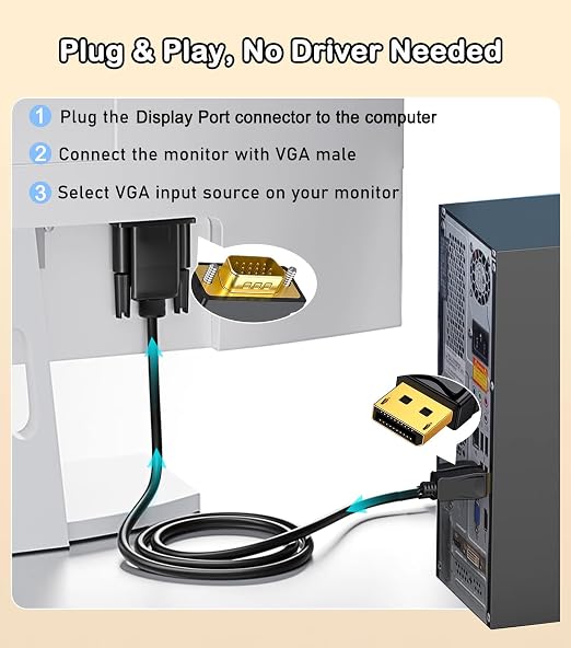DisplayPort to VGA Cable 6FT, Display Port DP to VGA Adapter, 1080P@60Hz Video - Image 5