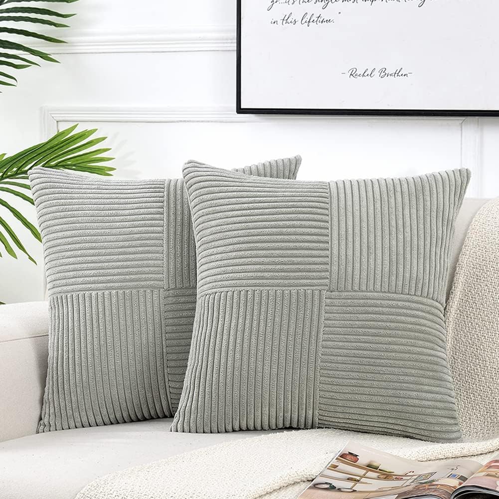 Fancy Homi 2 Packs Grey Euro Decorative Throw Pillow Covers 26x26 Inch for Couch Bed, Rustic Farmhouse Boho Home Decor, Soft Corss Corduroy Patchwork Textured Square Gray Cushion Case 66x66 cm