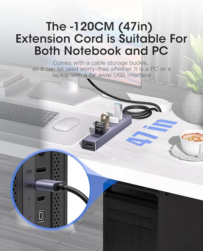 FORIDA USB to USB Hub Long Cable, 8 Ports USB 3.0 Adapter - Image 2