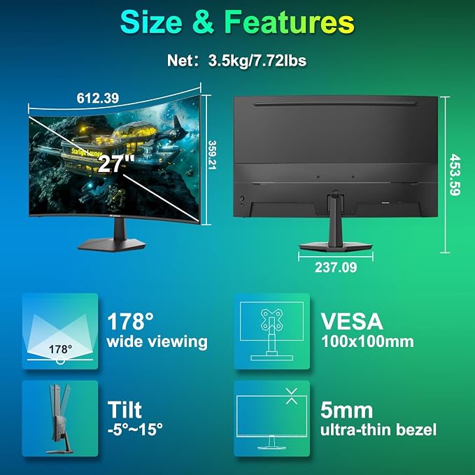 SANSUI Curved Monitor 27 inch 100Hz USB Type-C Computer Monitor - Image 8