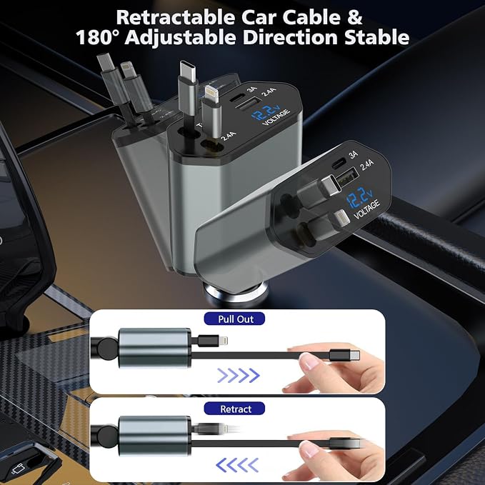 66W Retractable Car Charger, CarCharger Fast Charging 4 in 1 Car Phone Charger - Image 4