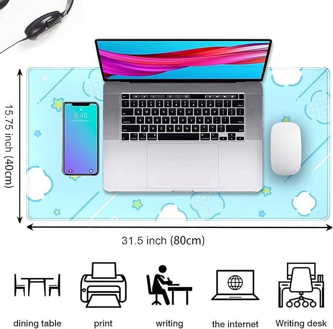 Kawaii Pastel Blue Star Grid Desk Pad, Large Gaming Mousepad & Keyboard Mat - Image 2