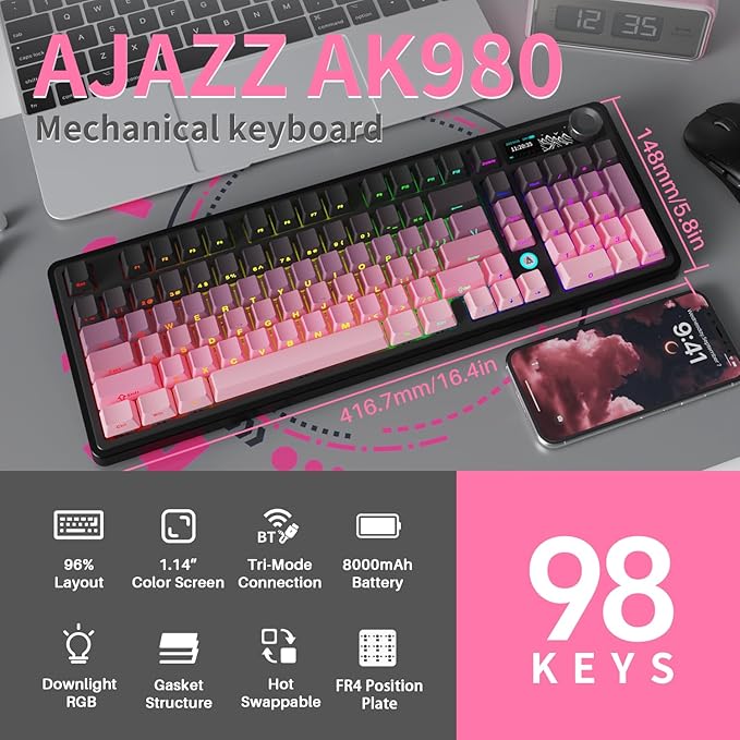 NACODEX Ajazz AK980 Pink Gaming Machanical Keyboard Gift Switch Full Size RGB - Image 2