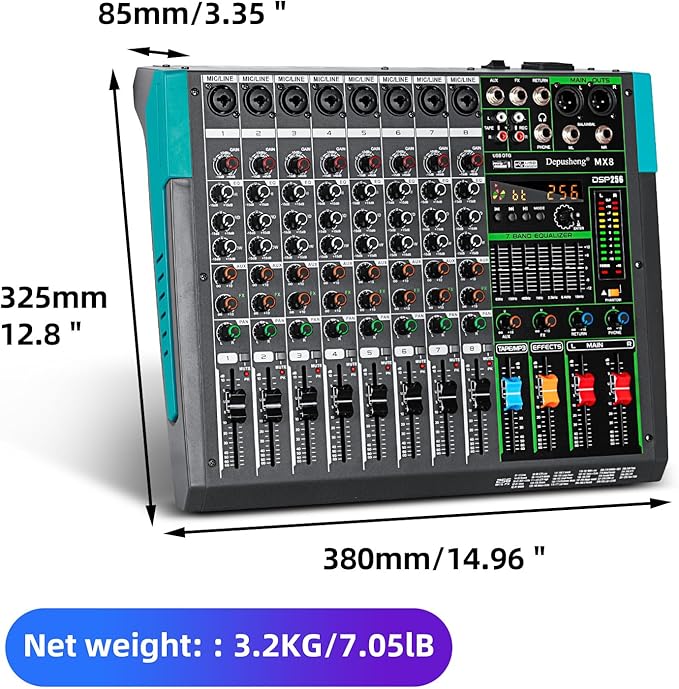 Depusheng MX8 8 Channel Sound Mixer Audio Mixing Console 48V 256DSP - Image 9