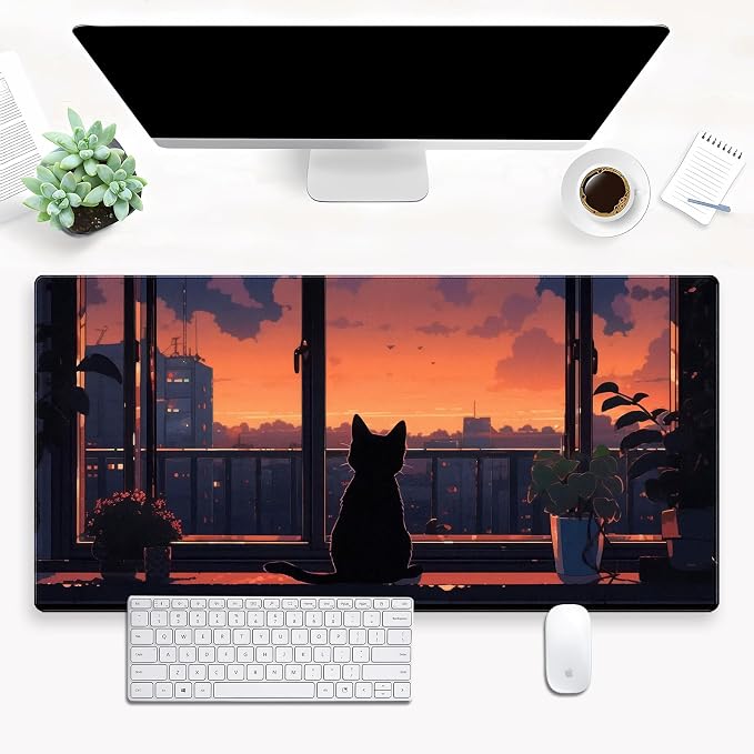 Lofi Aesthetic Desk Mat Cat Mouse pad Cute Orange Anime Mouse Pad Extra XL by Cindasun
