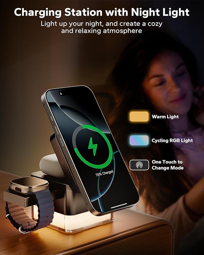 KPON for iPhone Nightstand Charging Station, 15W 3 in 1 Wireless Phone Charger - Image 3