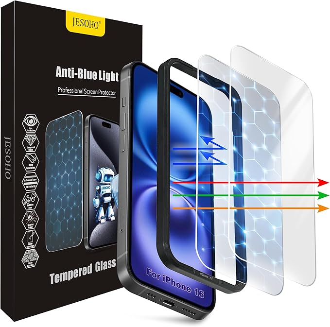 Screen Protector for iPhone 16&15, 3RD Colorless Anti-Blue Light Tempered Glass by JESOHO