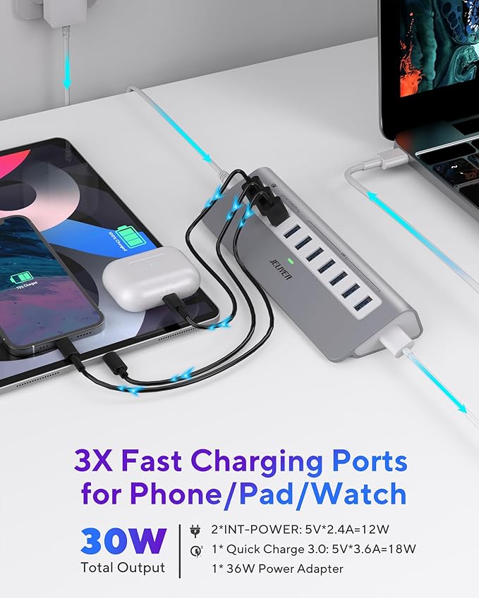 Powered USB Hub 10Gbps, 10 Ports USB 3.1 Gen 2 Hub Power Multiport USB Splitter - Image 4