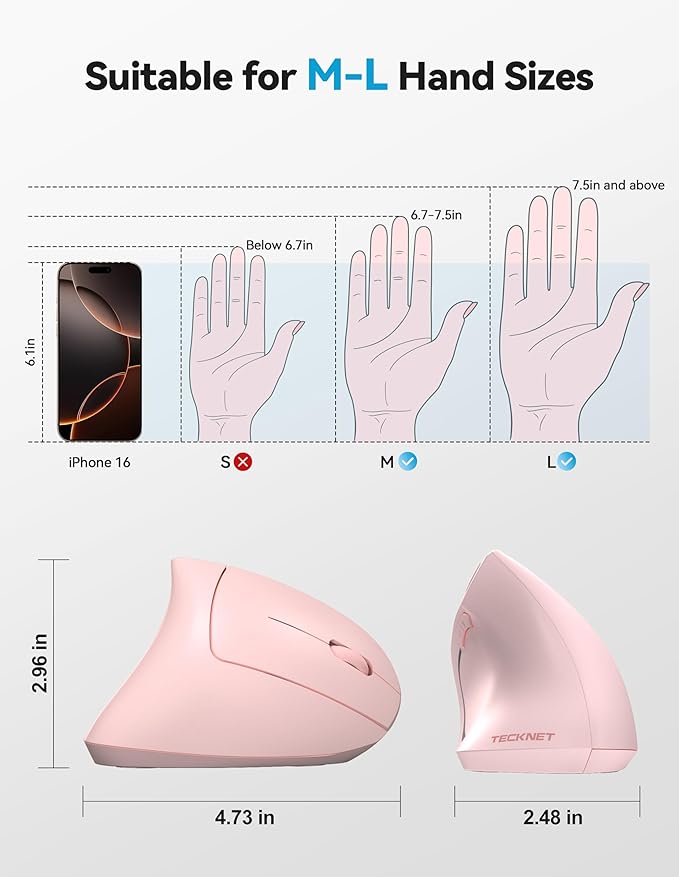 TECKNET Ergonomic Mouse, Rechargeable 2.4G+Bluetooth Vertical Mice 6 DPI - Image 7