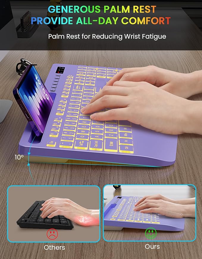 Wireless Keyboard with 7 Colored Backlits, Wrist Rest, Phone Holder, - Image 3