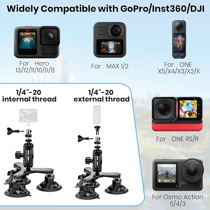 Suction Car Mount for GoPro/Insta360/DJI | Aluminum Alloy Extendable Selfie - Image 5