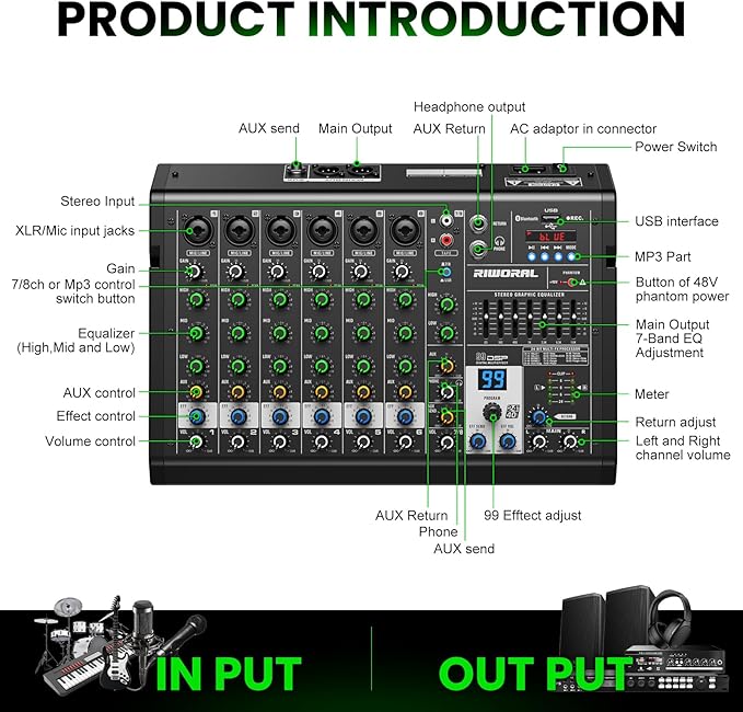 8 Channel Audio Interface DJ Mixing Sound Board 16 DSP Digital Effects - Image 2