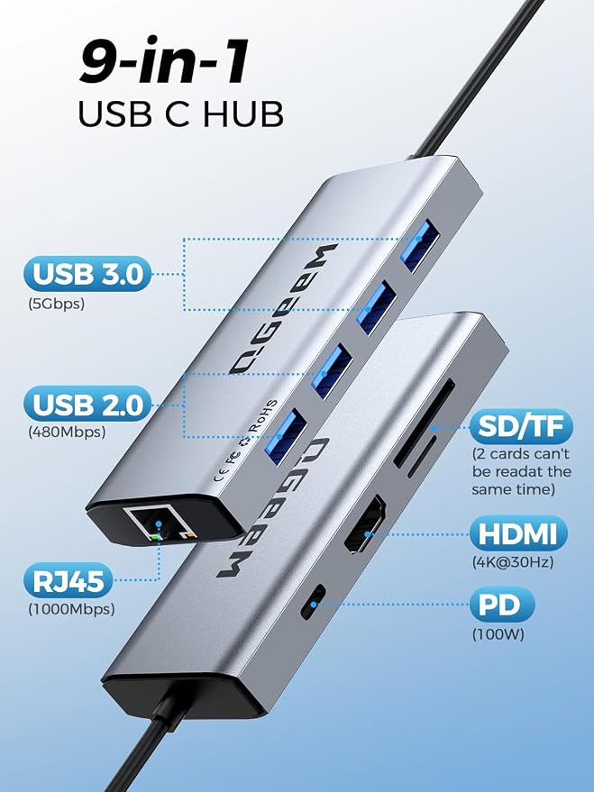 QGeeM USB C Hub Ethernet, 9 in 1 USB Type C Hub HDMI Multi-Port Converter - Image 2
