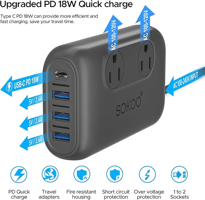 SOKOO 220v to 110v Voltage Converter, International Universal Travel Adapter - Image 4