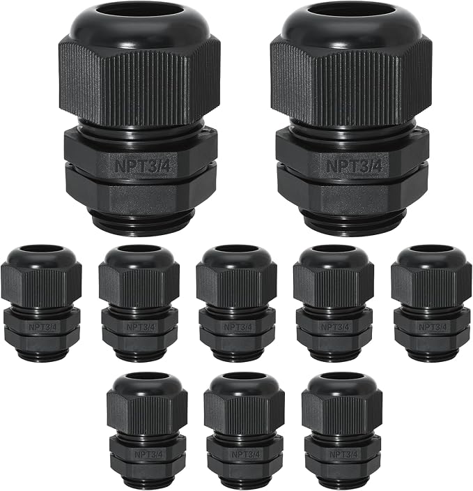 10 Pcs 3/4" NPT Nylon Cable Glands, IP68 Waterproof Adjustable Cord Grip Cable by Bonsicoky
