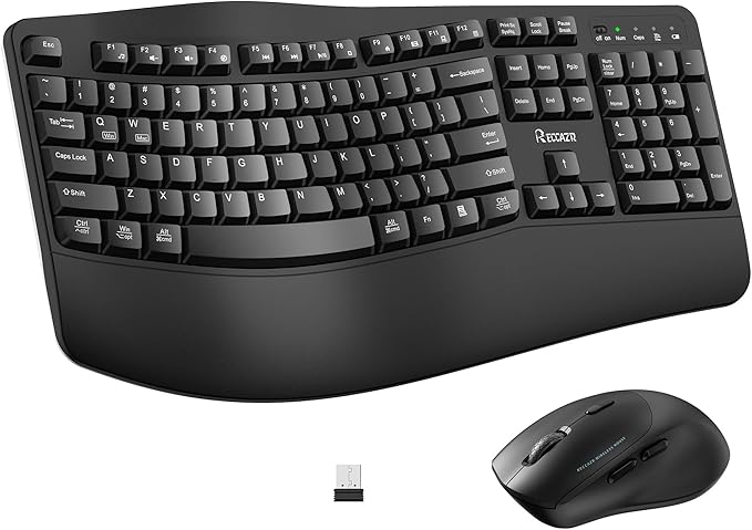 Wireless Keyboard and Mouse Combo, 2.4G Full Size Wave Keys Ergonomic Keyboard by RECCAZR