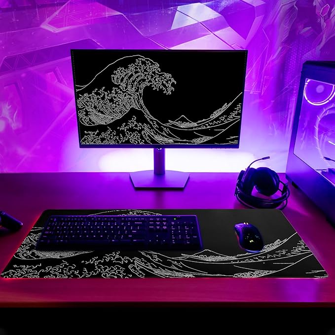 Japanese Sea Wave Large Mouse Pad Abstract Black Mouse Pad 31.5x11.8 Inch Black - Image 6