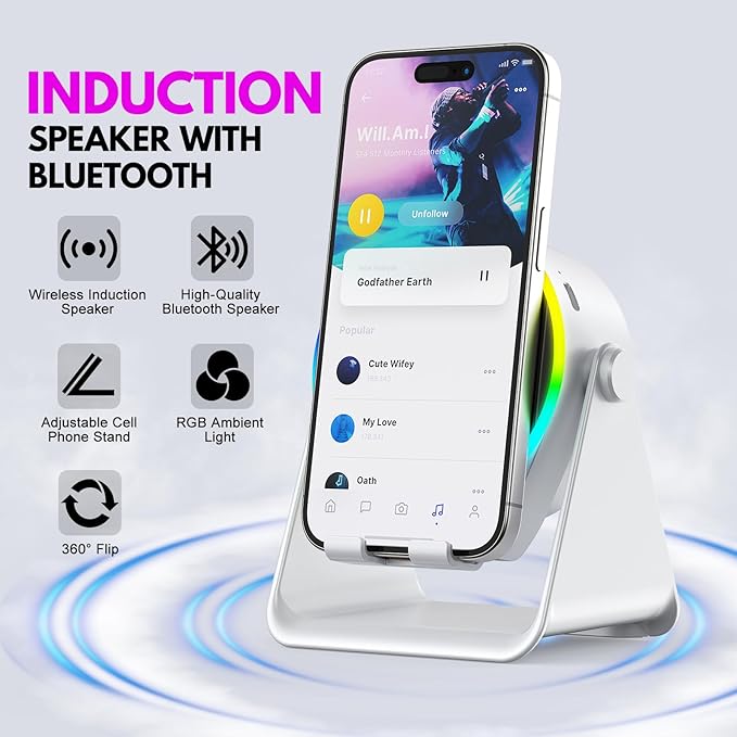 Wireless Induction Speaker, 4 in 1 Bluetooth Speaker Phone Stand - Image 2