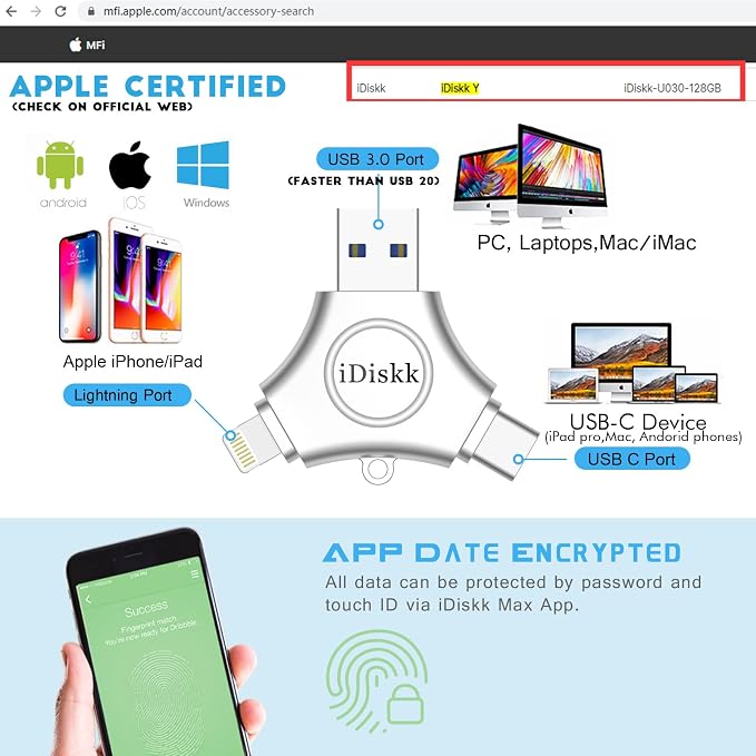 App-le Certified iDiskk 128GB Phone flashdrive iPhone 15 16 Photo Stick USB C - Image 3