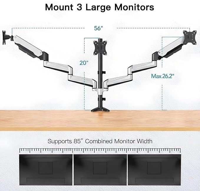 HUANUO Gaming Triple Monitor Stand, Full Motion Articulating Triple Monitor - Image 3