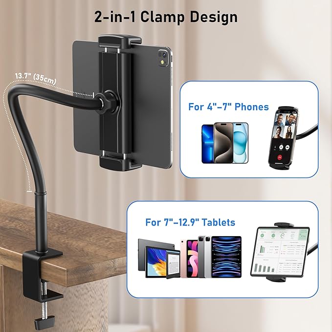 Tablet Stand for Desk, Gooseneck iPad Holder Clamp Mount, 360° Adjustable Arm - Image 4